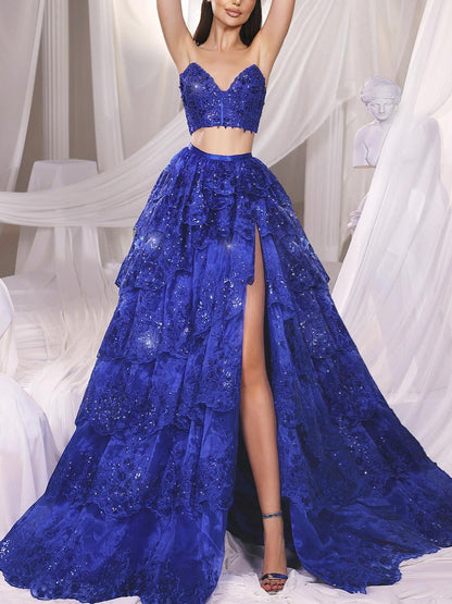 A-Line/Princess Strapless Floor-Length Prom Dresses Sparkly Sexy