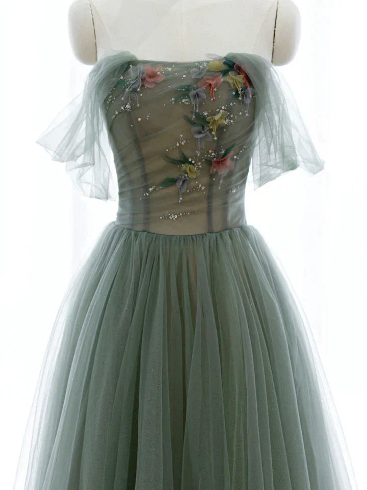 Green A-line Tulle with Lace Applique Long Formal Dress, Green Prom Dress