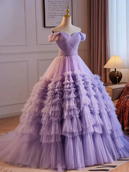 Purple Sweetheart Tulle Layers Sweet 16 Dress Long Prom Dress A Line Off Shoulder Solid Color
