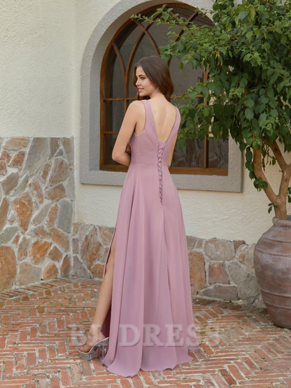 A Line V Neck Chiffon Long Ruched Pleated formal dresses Bridesmaid Dresses evening gown Prom Dress