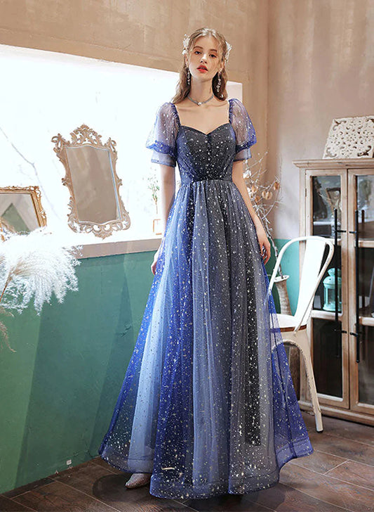 Dark Blue Sweetheart Short Sleeves Formal Dress, Blue A-line Prom Dress