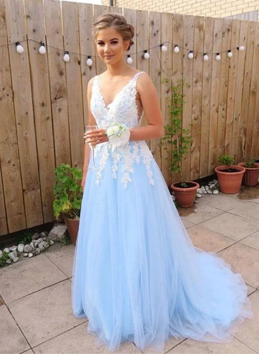Pretty Light Blue Tulle with Lace Long Party Dress, A-line Light Blue Prom Dress