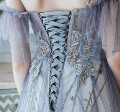Beautiful Gradient Straps Off Shoulder Tulle A-line Prom Dress, Blue and Pink Party Dress