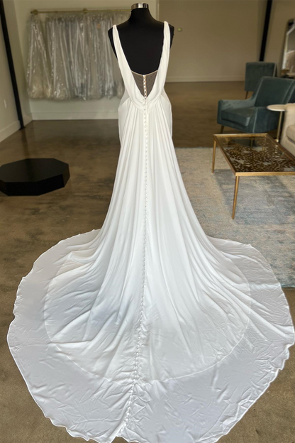 White Mermaid Plunging V Neck Long Wedding Dress with Buttons