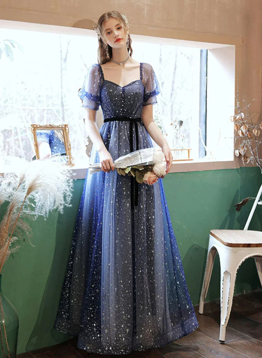 Dark Blue Sweetheart Short Sleeves Formal Dress, Blue A-line Prom Dress