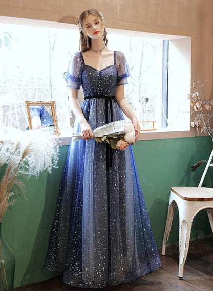 Dark Blue Sweetheart Short Sleeves Formal Dress, Blue A-line Prom Dress