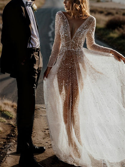 A-Line/Princess V-Neck Long Sleeves Sequins Wedding Dress Charming Evening Party Dress