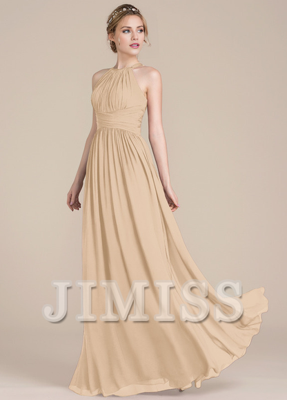 Ruffled A-line scoop neck floor-length chiffon prom dress