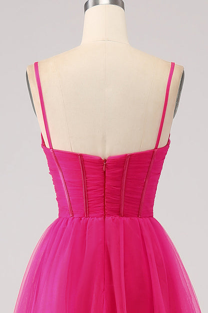 A-Line Spaghetti Straps Long Corset Fuchsia Prom Dress with Slit Pure Color