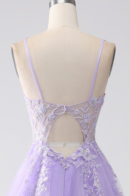 Lilac A-Line Spaghetti Straps Tulle Long Prom Dress with Appliques Beautiful