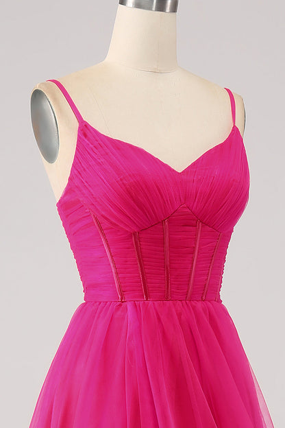 A-Line Spaghetti Straps Long Corset Fuchsia Prom Dress with Slit Pure Color