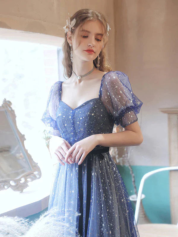 Dark Blue Sweetheart Short Sleeves Formal Dress, Blue A-line Prom Dress