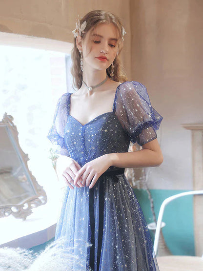 Dark Blue Sweetheart Short Sleeves Formal Dress, Blue A-line Prom Dress