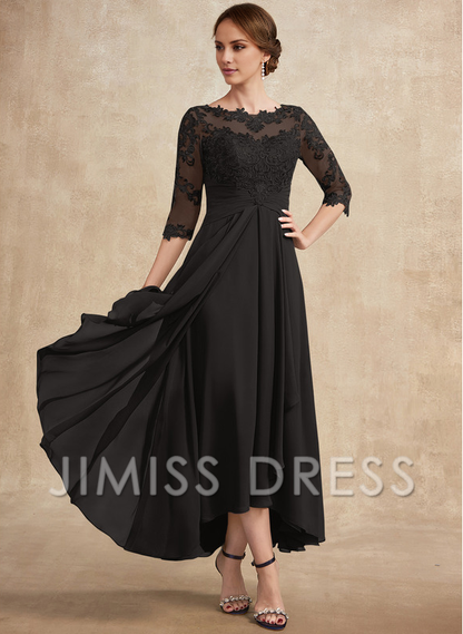 Jimiss A-line hollow illusion asymmetrical lace chiffon belt with layered ruffles mother of the bride dress