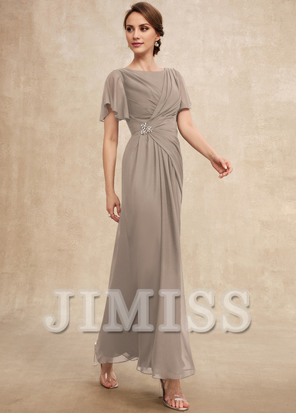 Beaded pleated A-line plunging ankle-length chiffon mother of the bride dress