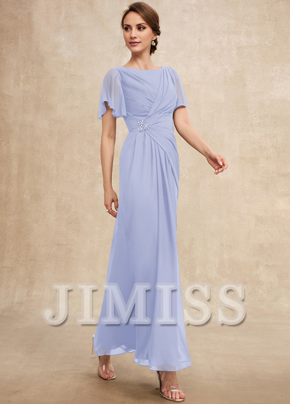 Beaded pleated A-line plunging ankle-length chiffon mother of the bride dress