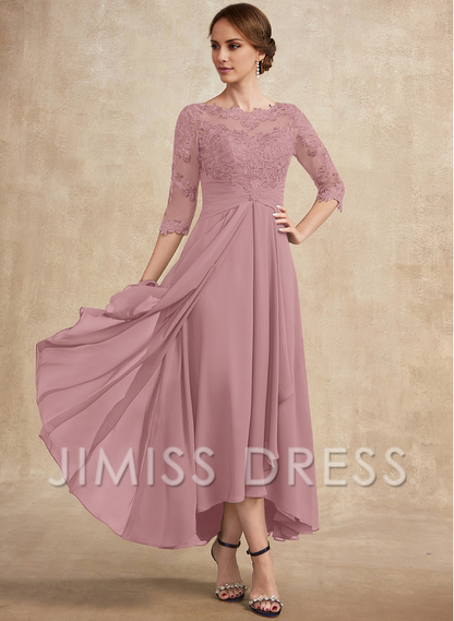 Jimiss A-line hollow illusion asymmetrical lace chiffon belt with layered ruffles mother of the bride dress