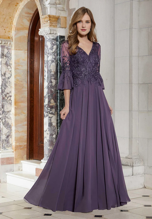 V-neckline transparent elbow sleeves lace and floor length gown evening dresses