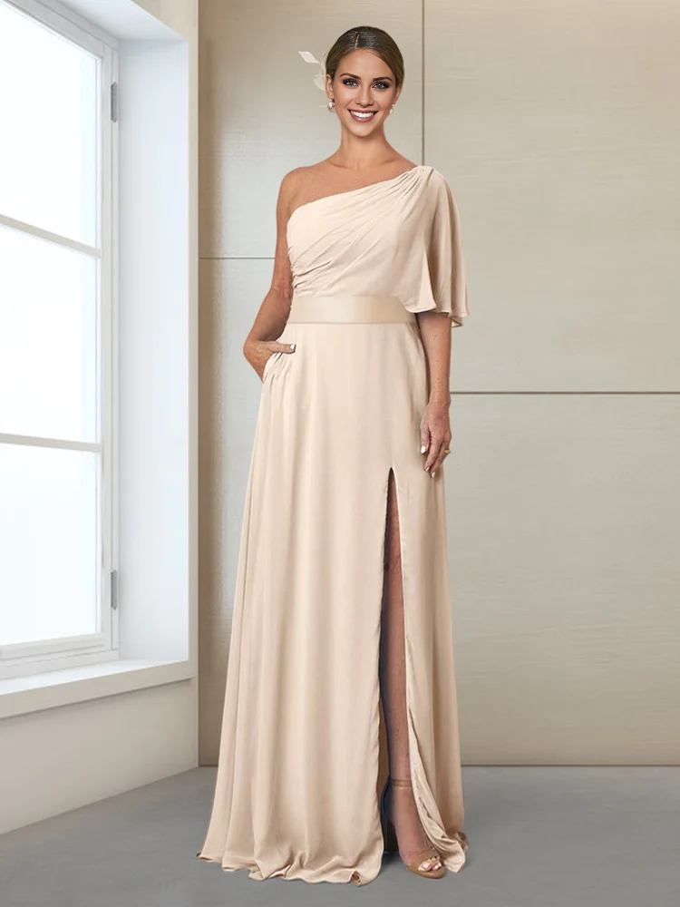 Slimming/Column One Shoulder Half Sleeve Split Mother of the bride dress
