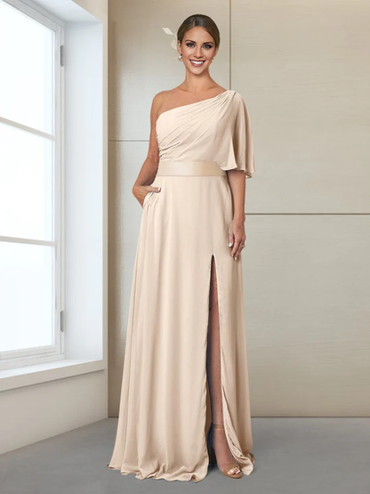 Slimming/Column One Shoulder Half Sleeve Split Mother of the bride dress