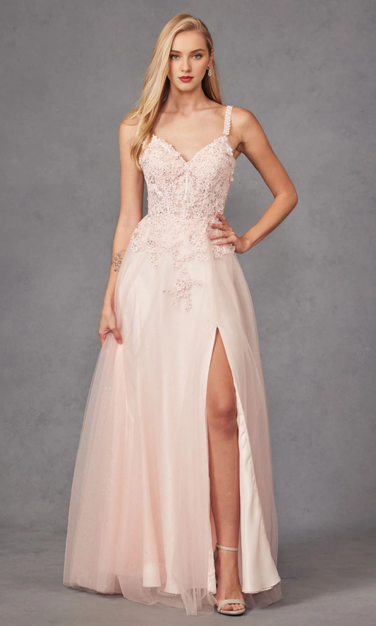 A-line V-neck lace embroidery and floor length Prom dress