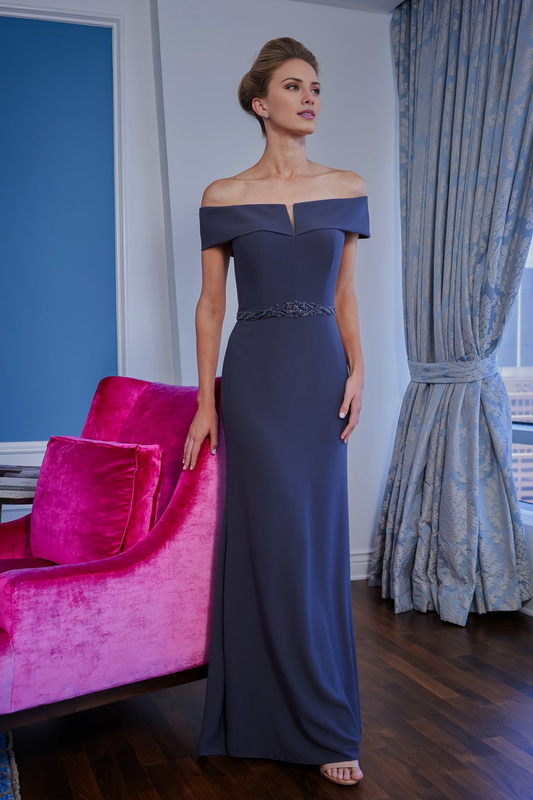 Off shoulder collar soft crepe trumpet dress with beaded waistband for mother of bride dresses