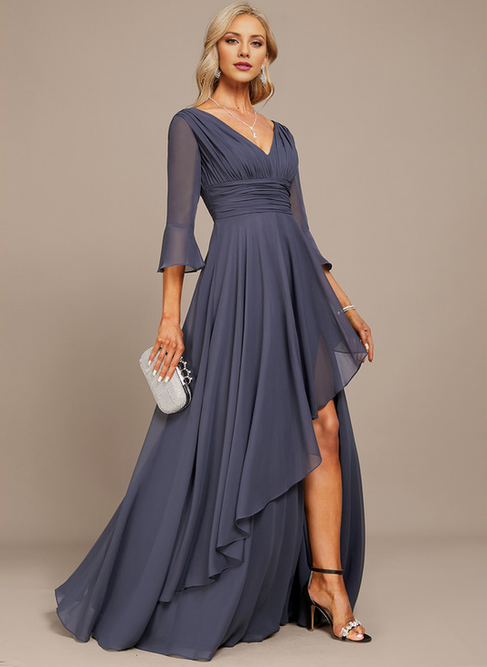 Jimiss A-line V-neck floor mopping chiffon strap with layered ruffles mother of the bride dress
