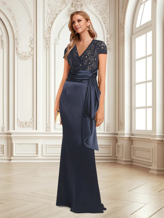 Horn/Fish Tail V-neck Short Sleeve with Belt Mother of the bride dress