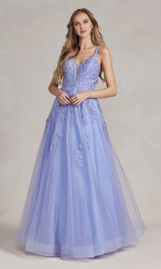 Embroidered lace corset and floor length dress