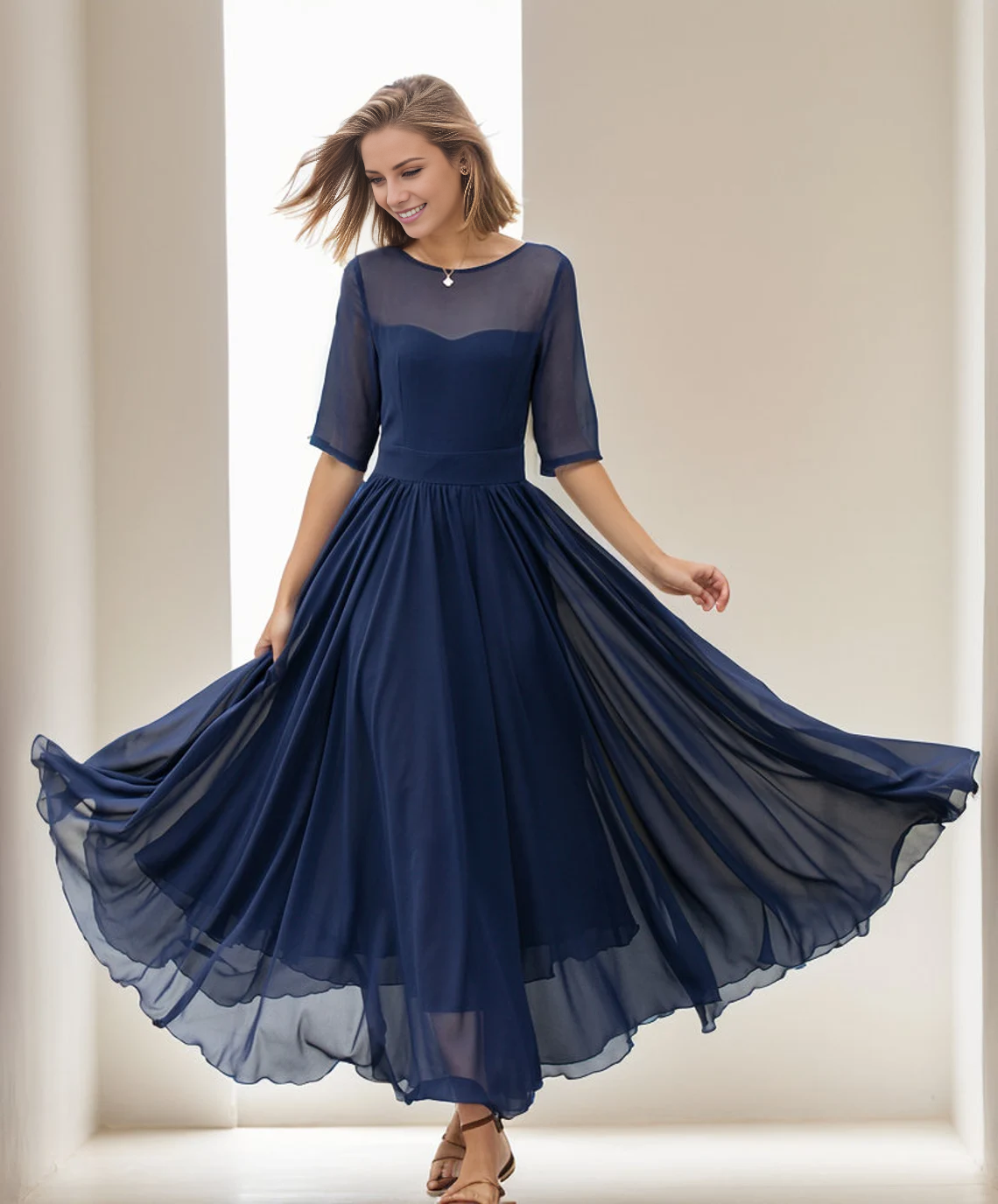 Jimiss Ship Neck Short Sleeve Chiffon Horn Long Prom Dress