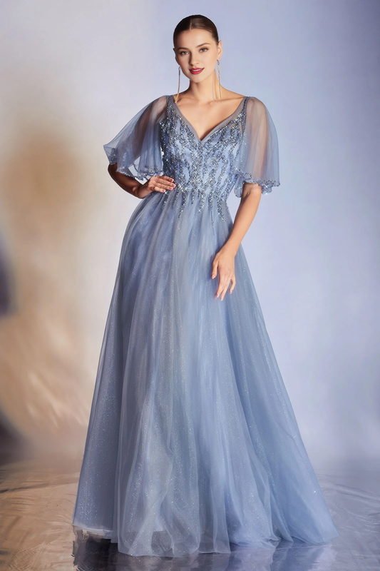 A-line sheer V-neck transparent short sleeved and floor length Prom dress