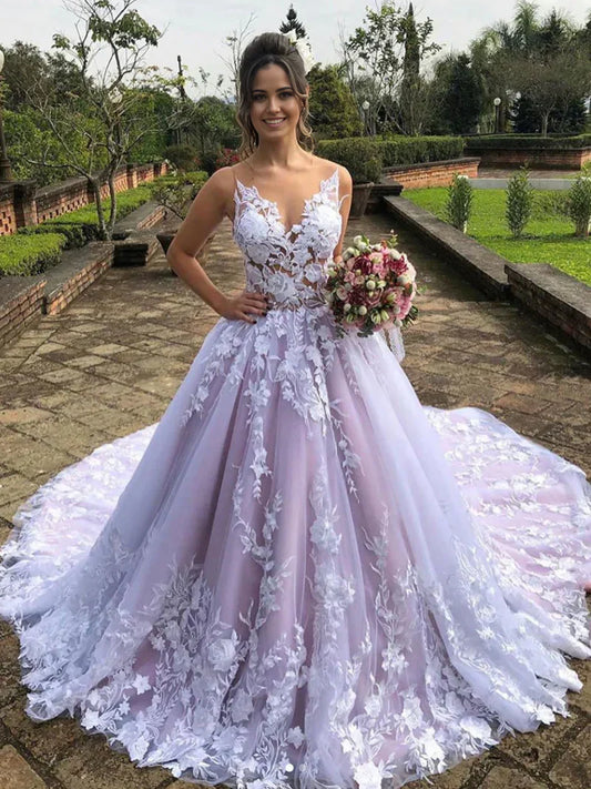 A Line Sleeveless V-Neck Lace Wedding Dresses