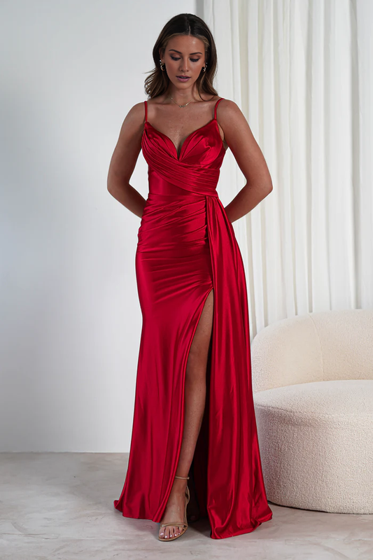 Thin shoulder strap V-neck satin side slit and floor length Prom dress - Jimiss Dress