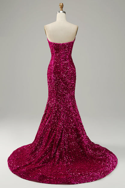 Fuchsia Sweetheart Neck Sequined Mermaid Prom Dress With Sweep Train Sparkly