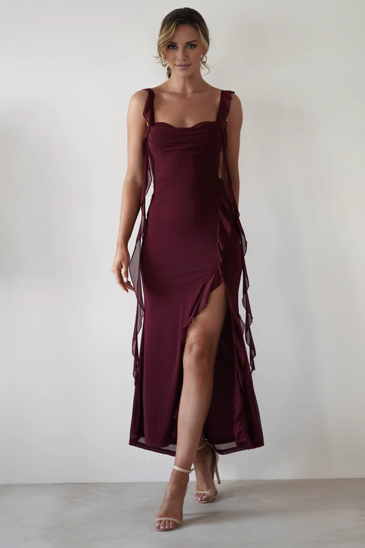 Square neck thin shoulder strap off shoulder long Prom dress - Jimiss Dress