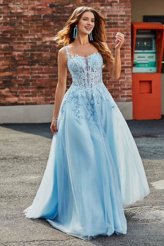 Light blue A-line thin shoulder strap decal tight corset evening dress
