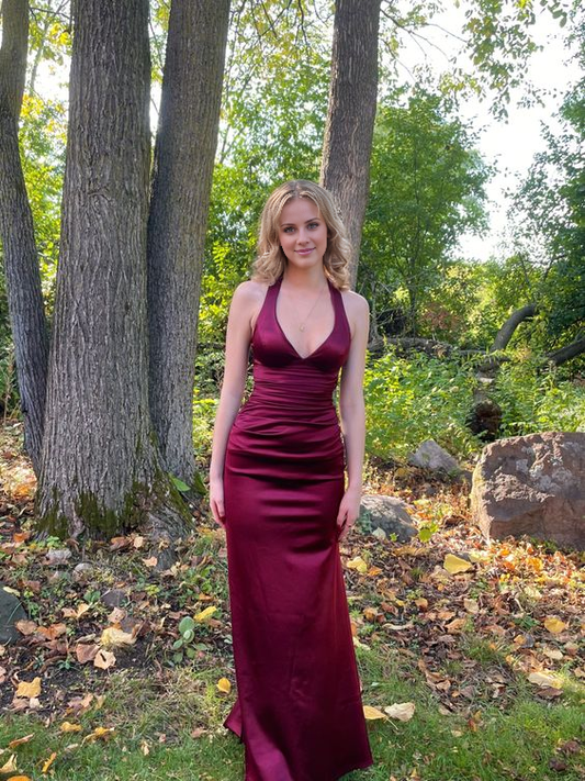 Jimiss Simple Wine Red V-neck Long Party Dress Formal Prom Dress