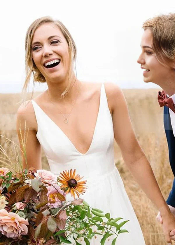 A Line Deep V Neck Sleeveless Chiffon Simple Long Beach Wedding Dress