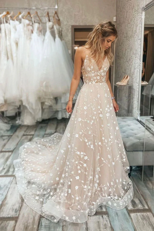 A Line Spaghetti Straps Wedding Dresses