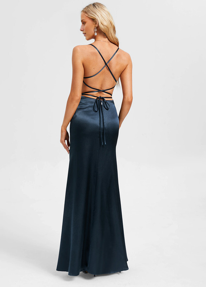 Bodycon straight V-neck floor-length pleated satin prom dress