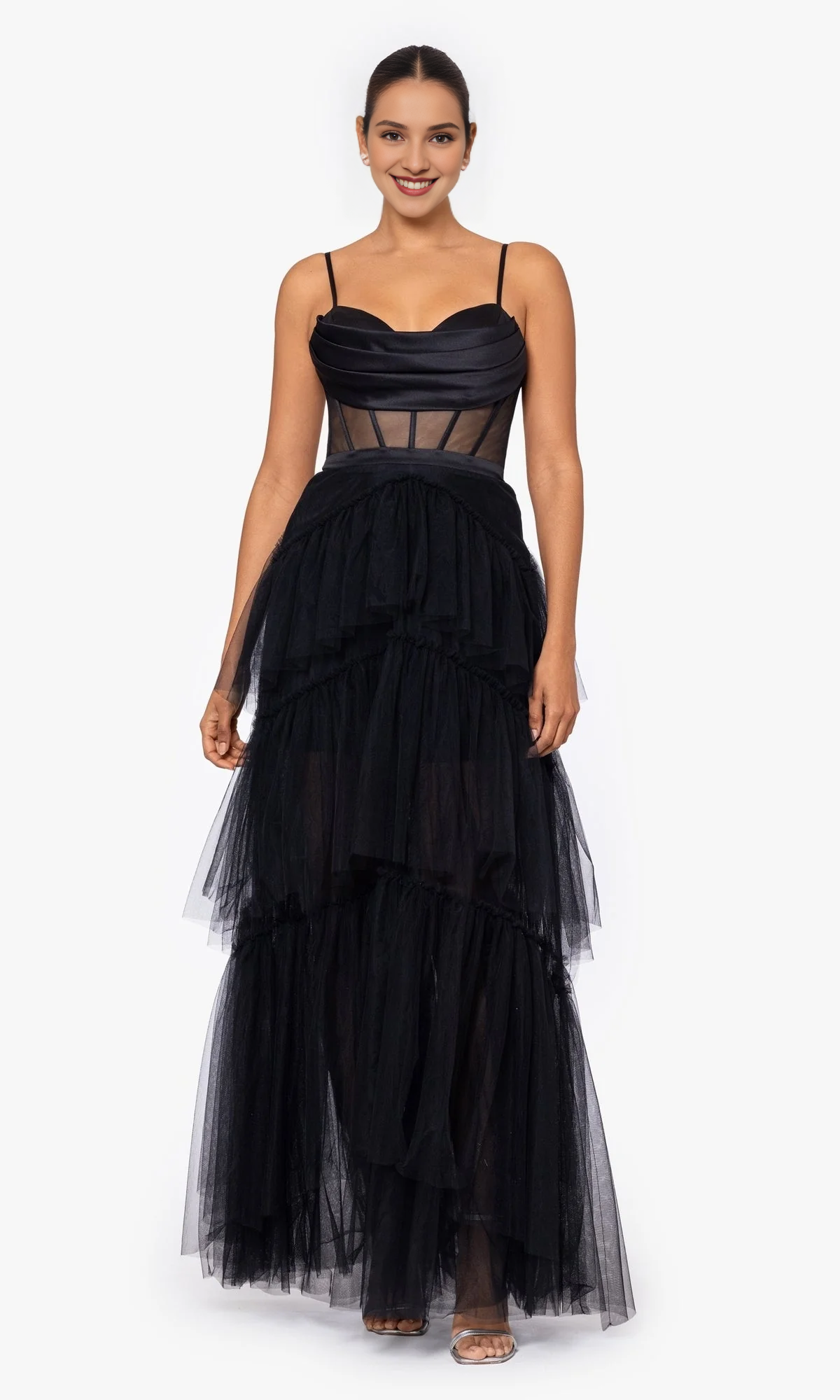 Folded cape collar transparent tight corset layered ruffle edge dress