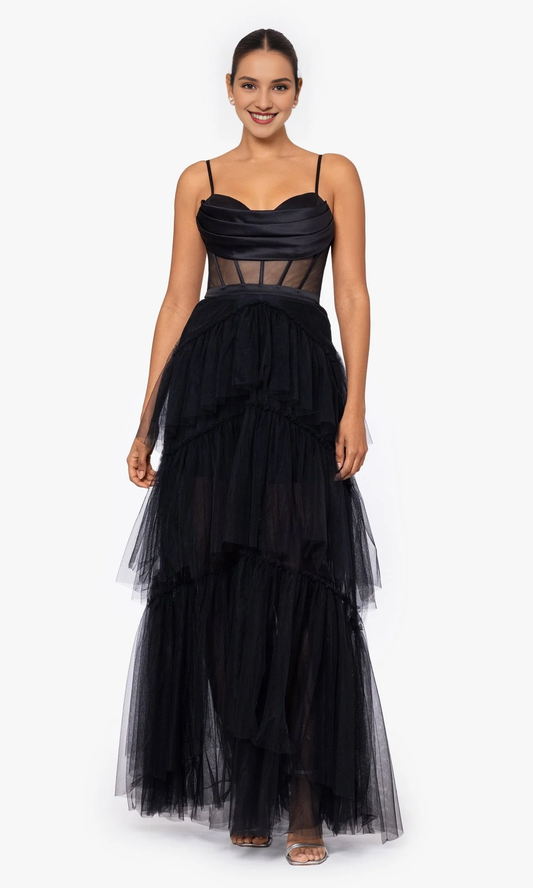 Folded cape collar transparent tight corset layered ruffle edge dress