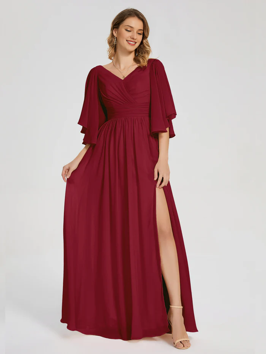 Half sleeved V-neck slit for mother of the bride dress
