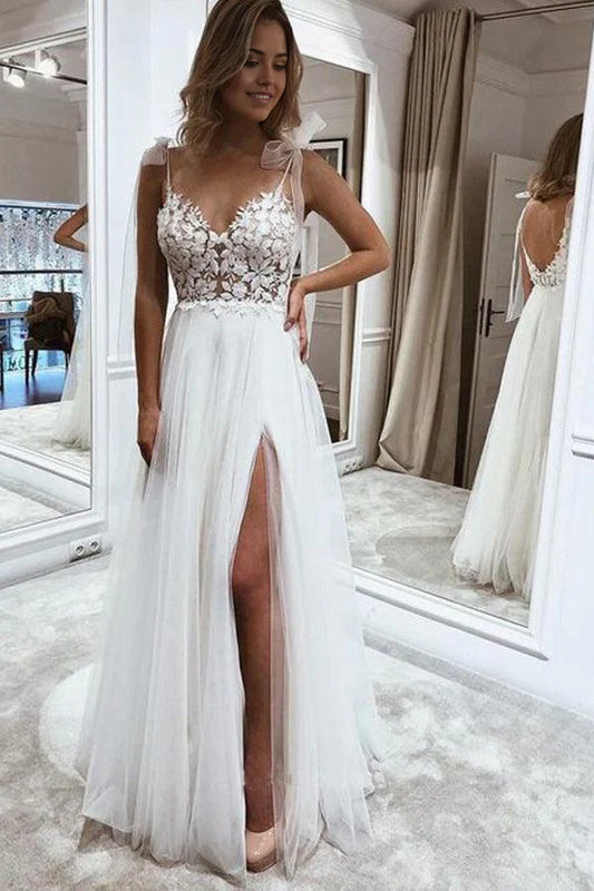 A Line V Neck Straps Tulle Split Wedding Dress Bridal Gown with Lace