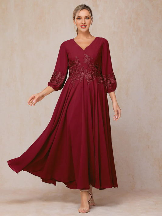 Long sleeved decal and ankle chiffon mother of the bride dress