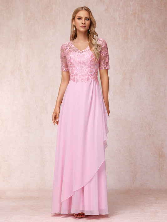 A-line/Princess V-neck short sleeved long formal mother of the bride dress