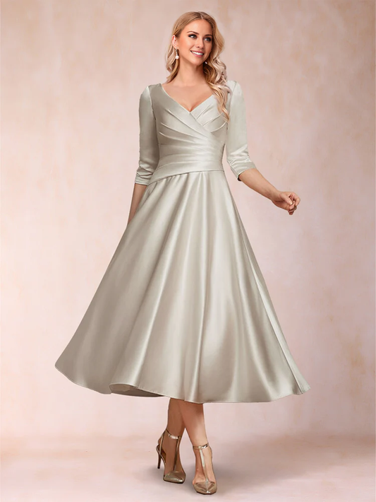 A-line Princess Tea 3/4 Sleeve V-neck Mother of the bride dress