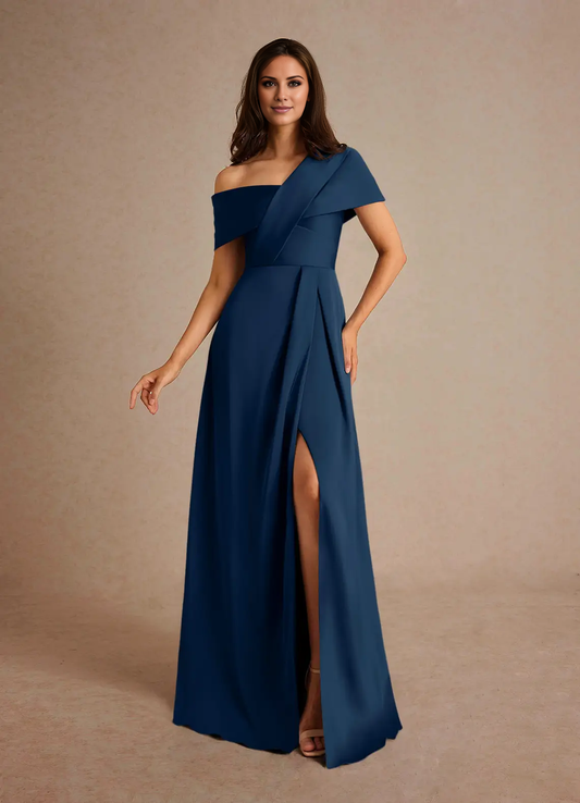 A-line pleated satin floor-length mother of the bride dress