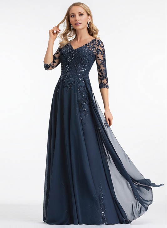 Jimiss A-line V-neck floor mopping lace chiffon with sequins, mother of the bride dress