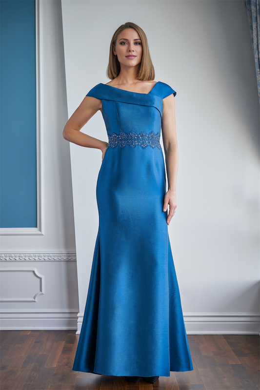 Asymmetric sleeve collar with lace bead waist belt fits mother of bride dresses